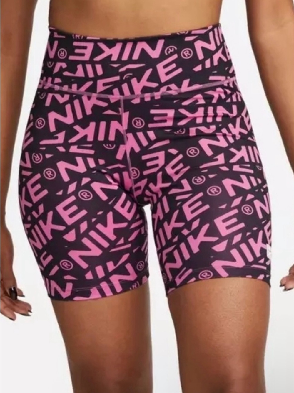Nike Black & Pink Allover Logo High-Waist Bike Shorts 7”